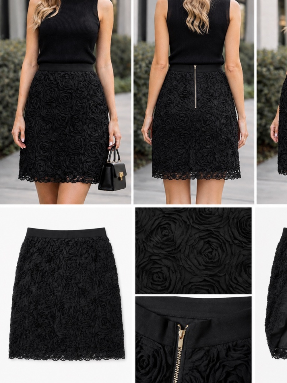 ✨ Statement Black Rosette Textured Skirt – Chic & Tailored ✨ Like NEW!  Sz 6 - Picture 3 of 8
